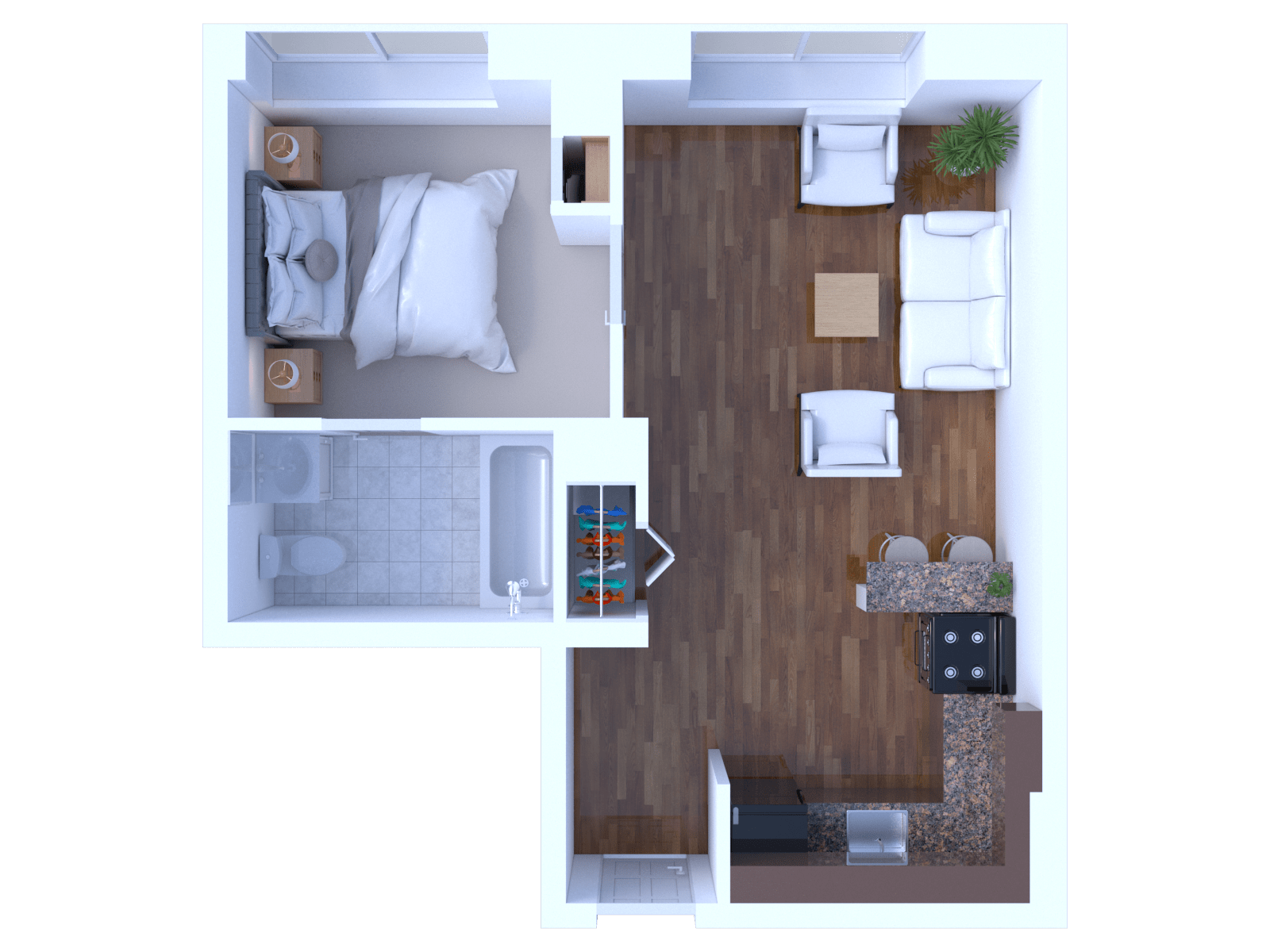 Floor plan for 1 bed, 1 bath, 580 sqft